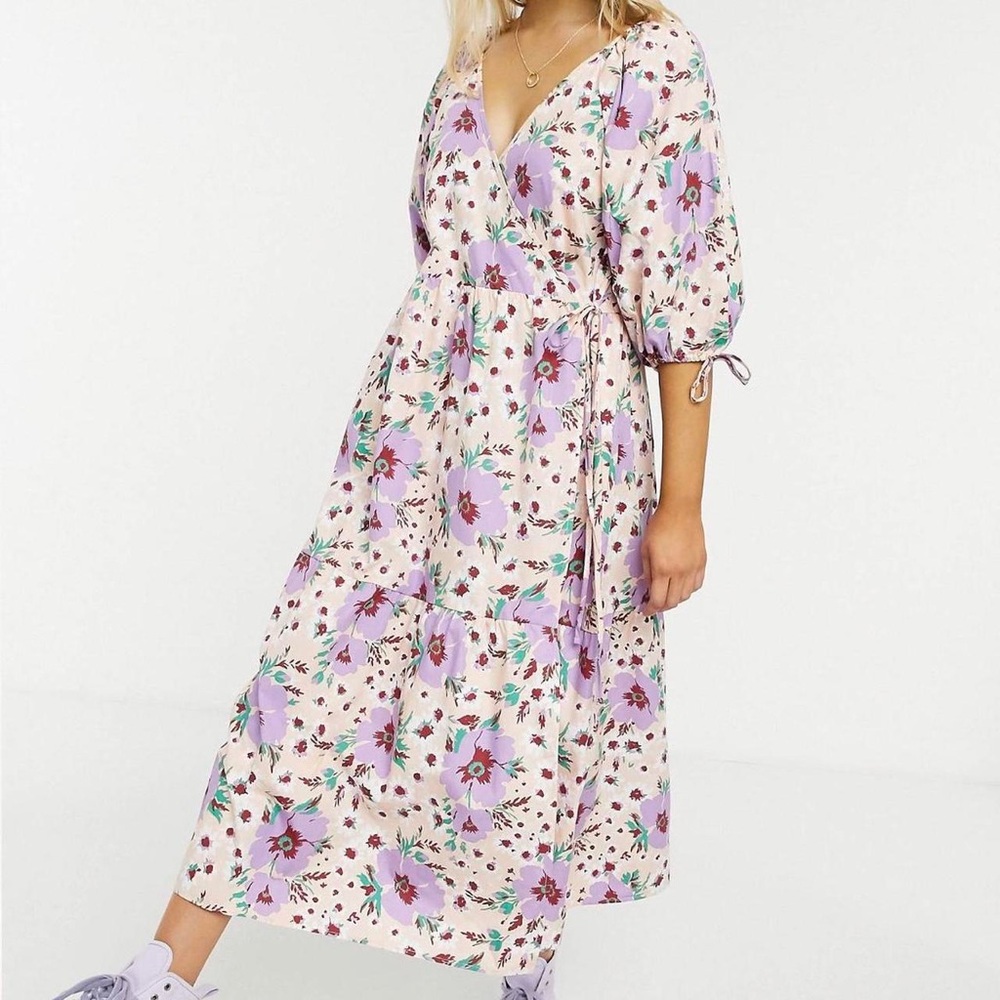 ASOS Floral Wrap Midi Dress in Purple and Cream